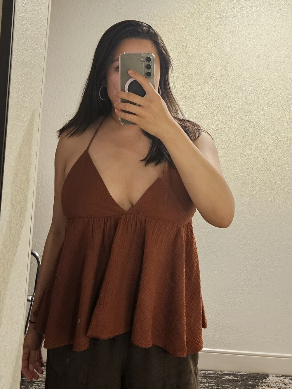 Hm Gauze Brown Halter Babydoll Women's Top
